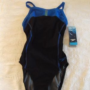 NWT Speedo PowerPLUS Black Blue One Piece Swim Sui